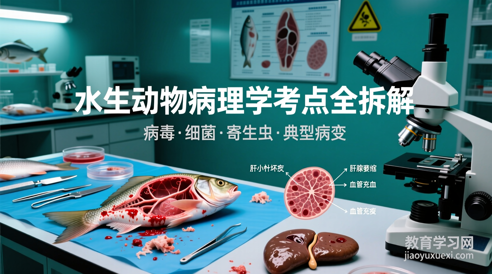 🔬 水下病变全景图：水生动物病理学考点深度拆解水生动物病理学考试重点与病变特征解析